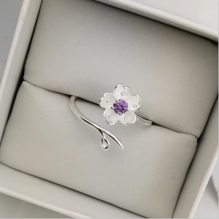 

Cute Sakura Adjustable Ring Flower Shaped Silver Ring Best Quality Jewelry Opening Ring Fashion Pink&Purple Korea Style Gifts