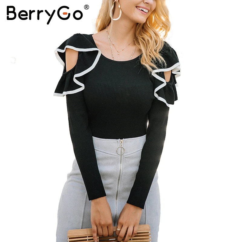 BerryGo Ruffle o neck knitted sweater women Casual pull knit winter sweater female jumper 2017 autumn elegant pullover femme