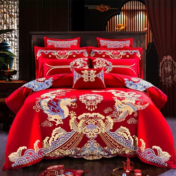 

Luxury 4/6/9Pcs Loong Phoenix Embroidery Red Chinese Wedding 100% Cotton Bedding Set Duvet Cover Bed sheet/Linen Pillowcases
