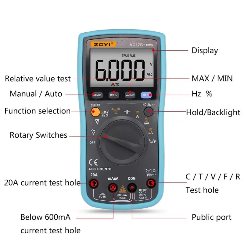 

High Quality VC17B Digital Multimeter 6000 counts Backlight AC/DC Ammeter Voltmeter Ohm Portable Meter multimetro