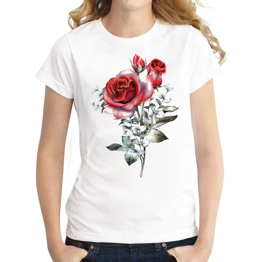 Модный дизайн, Романтическая футболка с розами, женская футболка с коротким рукавом, Индивидуальные топы, женская футболка, новинка - Цвет: Белый