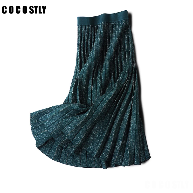 Осенняя трикотажная юбка Wimter, женская элегантная плиссированная юбка с блестками, эластичная резинка на талии, золотая нить, вязаные женские миди юбки