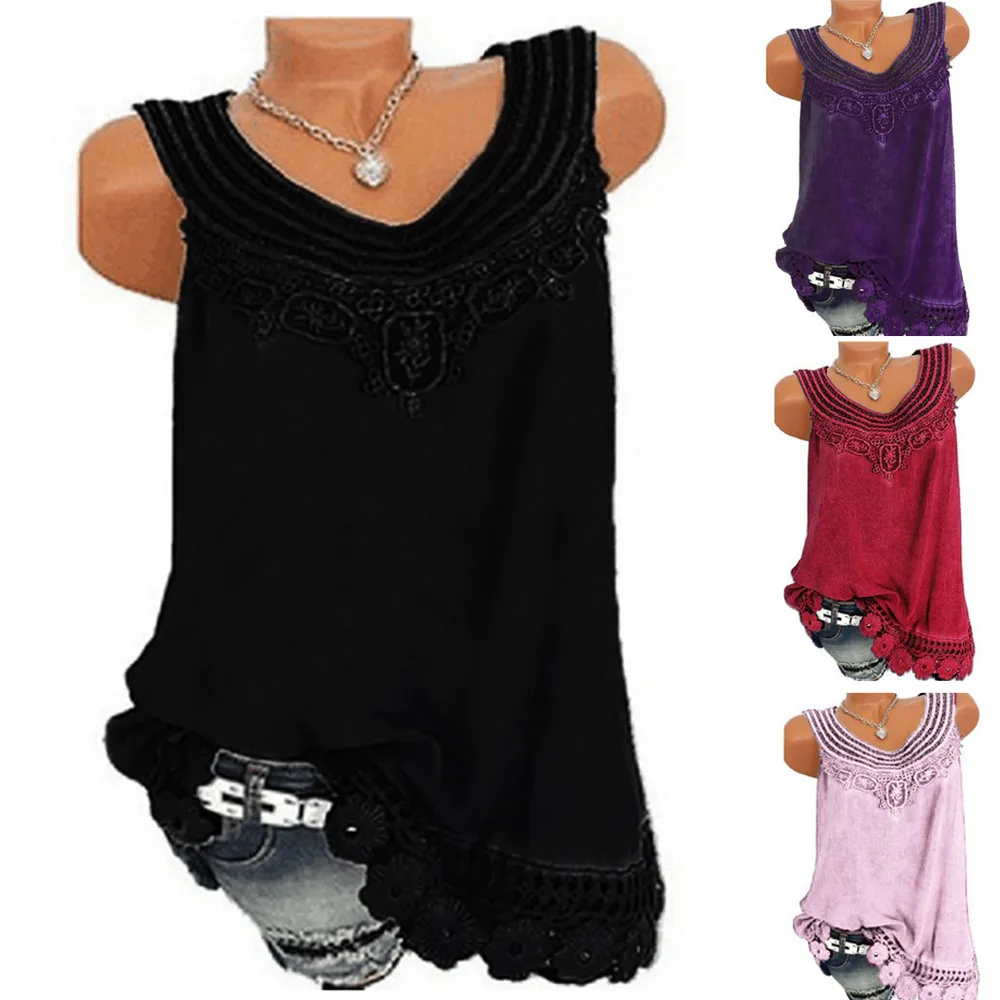 

New Arrival Women O-Neck Sleeveless Pure color Lace Vest Tops Solid Plus Size Loose Causal Female T-Shirt Hot Sale Summer Clothe