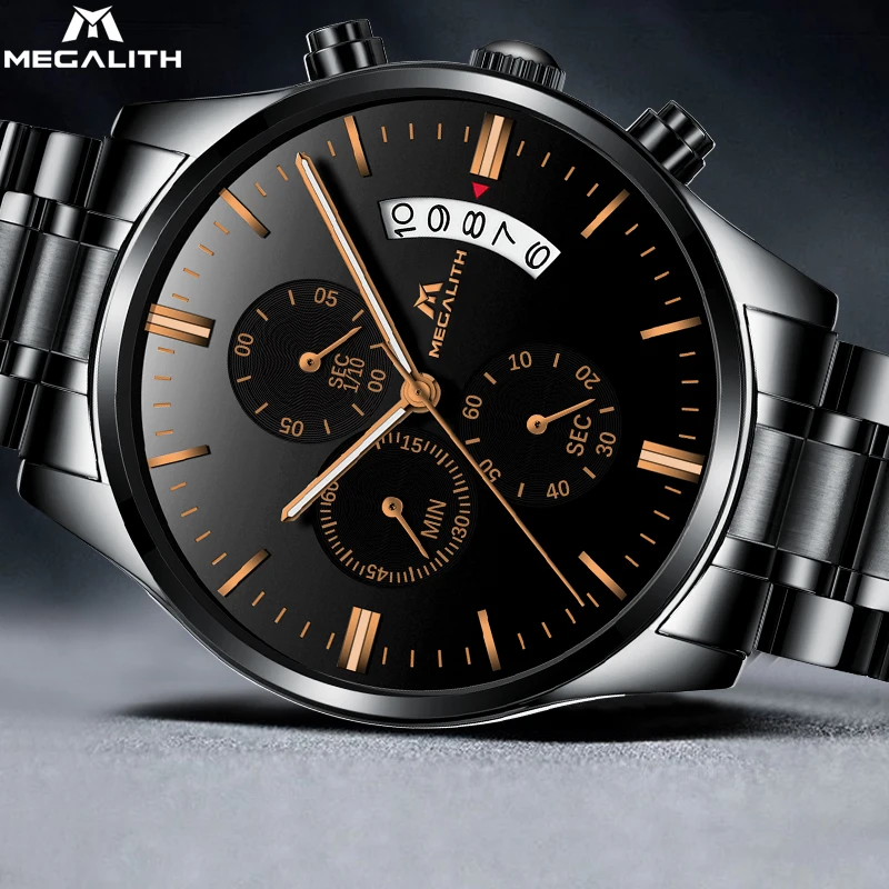 

MEGALITH Shock Resistant Watch Men Luxury Quartz Wristwatch Waterproof Date Analogue Stainless Steel Strap Watch Daily Business