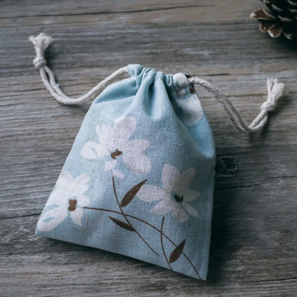 

Wholesale Flower Narcissu Print Cotton Linen Blue Storage Bag Tea/candy/key/Jewelry Package Drawstring Bag Christmas Gift
