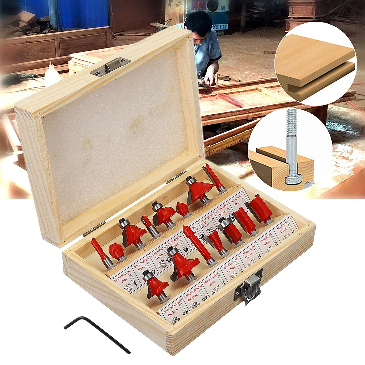 

15Pcs 1/4" Shank Tungsten Carbide Hand Trim Router Bit Set Wood Milling Cutter Machine Tools & Accessories 173x123x48mm