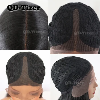 QD-Tizer Black Color Long Silky Straight Hair Lace Front Wig Gluless Heat Resistant Synthetic Lace Front Wig for Black Women 6