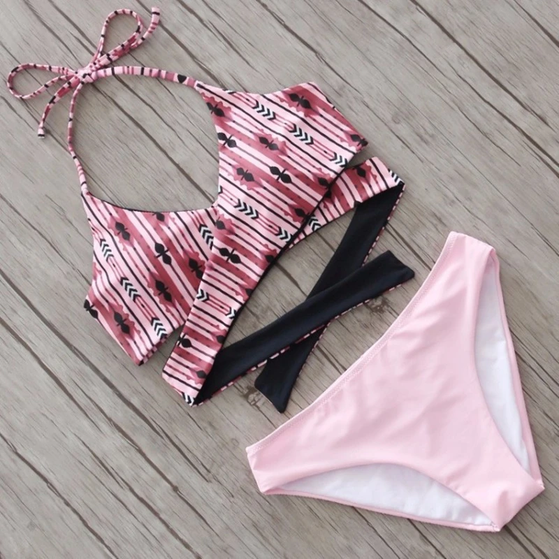 

JINXIUSHIRT Print Bikini Set Cross Bandage Push Up Swimwear Women Swimsuit Sexy Floral Bathing Suit Female Halter Top Beachwear