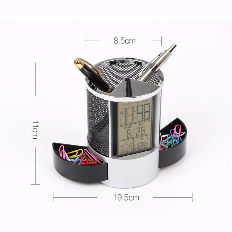 Multifunction Pen Pencil Holder Digital Calendar Alarm Clock Time Temp Function Metal Mesh For Home Desk Office Supplies WXV Sal