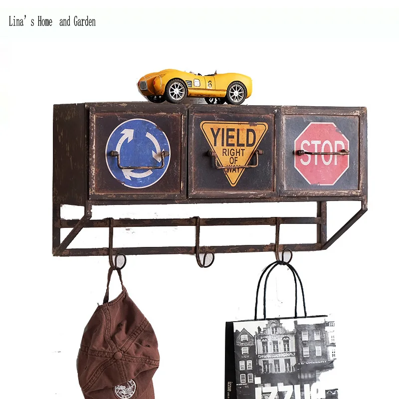 loft industrial retro metal vintage wall shelf with drawers