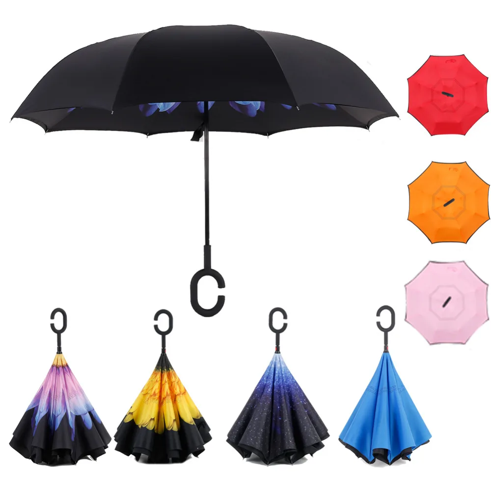 Windproof Double Layer Inverted Folding Umbrella Reverse free Hand Self