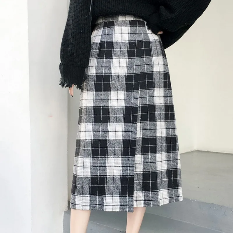 

Autumn Winter Hairy Plaid Women's Skirt New Vintage England Style Skirts Woman Fashion 2019 Straight High Waist Skirts Womens