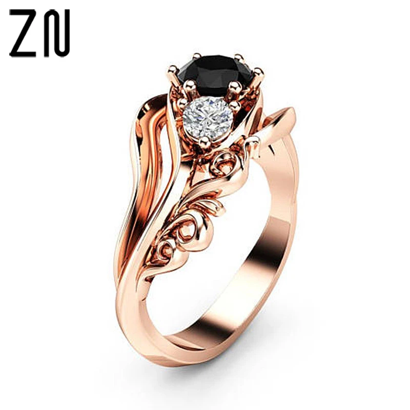 

ZN 2018 Fashion Jewelry Engagement Marriage Ring Wedding Gift Flower Line Black Zircon Ring Female Ring For Women