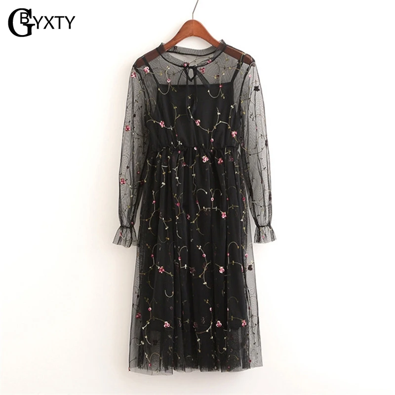 

GBYXTY 2 Piece Set See Through Black Mesh Dress Women Spring Summer Long Sleeve Floral Embroidery Lace Midi Dress Vestido ZA512