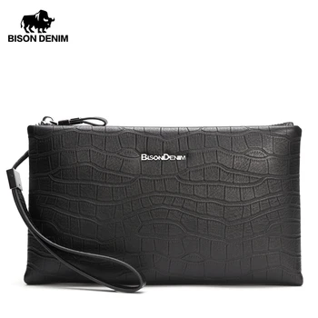 

BISON DENIM Luxury Men Wallet Genuine Leather Clutch Phone Purse Alligator Pattern Zipper Card Holder Wallet Male bags N8199