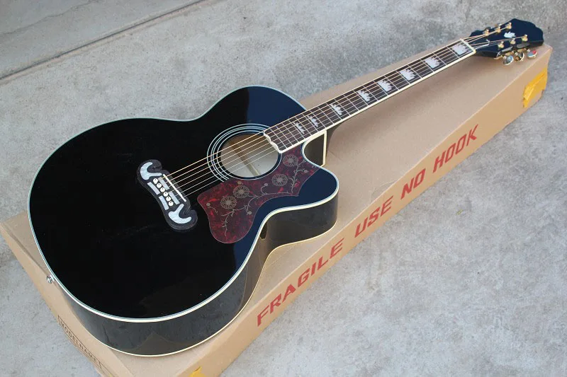 

Free shipping wholesale Top Quality sj200 Acoustic Guitar black add fisherman pickup add hardcase in stock  141110