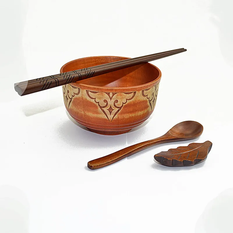 New Ethnic Style 4pcs/set Wooden Bowl Spoon Chopstick Set Eco Friendly