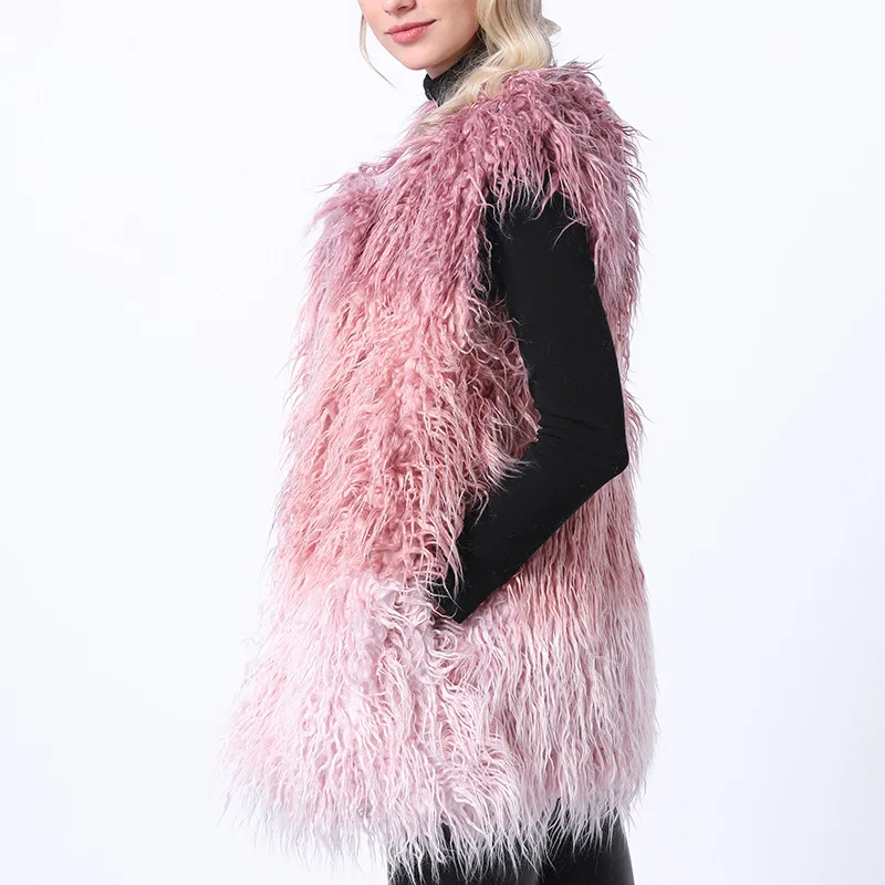 2019 Winter Imitation Fur coat female medium long fox fur grass vest furry coat color stitching fur girl