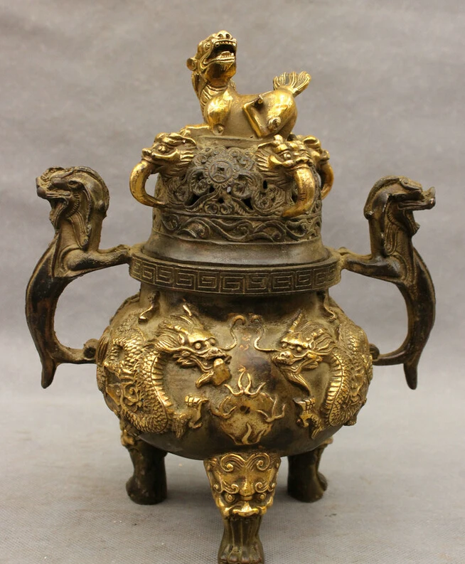 

song voge gem S2785 10" Chinese Bronze Gilt Coin Draong Head Statue Tibet Lion Incense Burner Censer