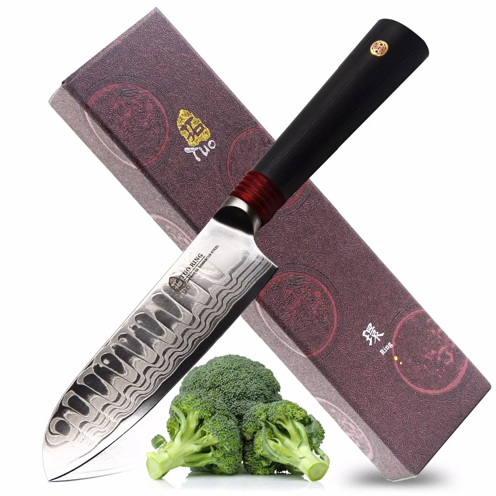 TUO Cutlery Santoku Knife 5.5 inch - Japanese Damascus AUS-10 HC Stainless Steel Kitchen Knife - Ergonomic G10 Handle - Gift Box TUO Cutlery Santoku Knife 5.5 inch - Japanese Damascus AUS-10 HC Stainless Steel Kitchen Knife - Ergonomic G10 Handle - Gift Box