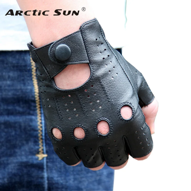 Genuine Leather Semi-Fingers Gloves Male Breathable Hole Thin Style Men Half-Finger Lambskin Gloves Imitation Deerskin M046P men s genuine leather gloves male thin unlined breathable anti slip semi finger lambskin gloves driving men mittens m046p4