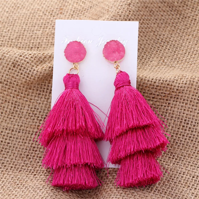 HTB1oUOsXzvuK1Rjy0Faq6x2aVXaX - HOCOLE Boho Long Tassel Earrings Multi-layer Red Blue Yellow Silk Fabric Long Drop Earring For Women Wedding Statement Jewelry