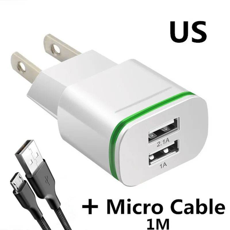 Faichoy светодиодный светильник 5V 2.1A EU/US Plug Phone USB зарядное устройство для iPhone huawei 2 порта USB зарядное устройство адаптер устройство микро-зарядка данных - Тип штекера: White  Micro Cable