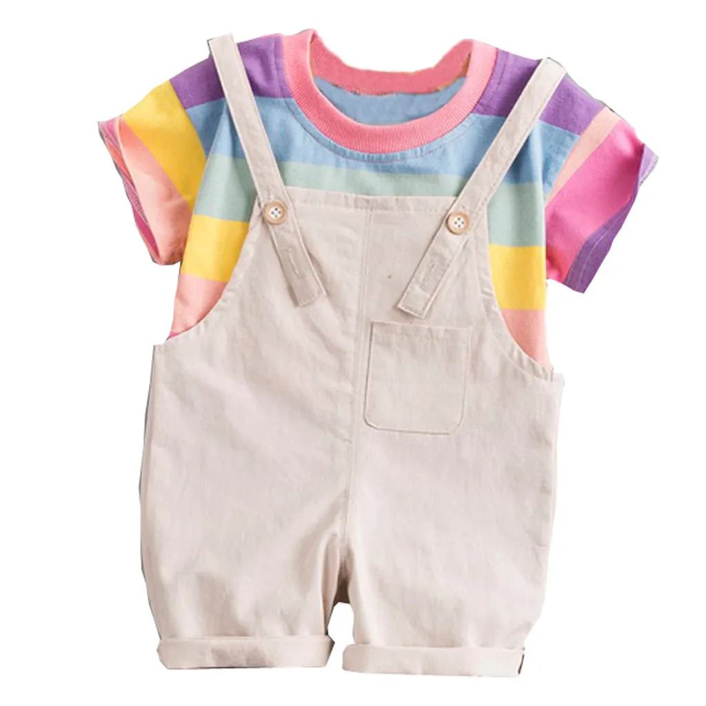 

Toddler Girl Clothes Rainbow Stripe Tops T-shirt Straps Pants Kids Tracksuit Sports Suit For Girls Clothing Set 1 2 3 Years