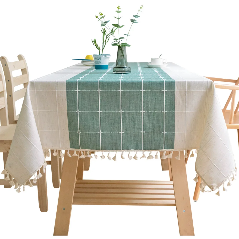 

Thicken Cotton Linen Tablecloth Green Plaid Woven Striped Stitching Table Cloth Lace Pendant Decor Rectangular Table Cover