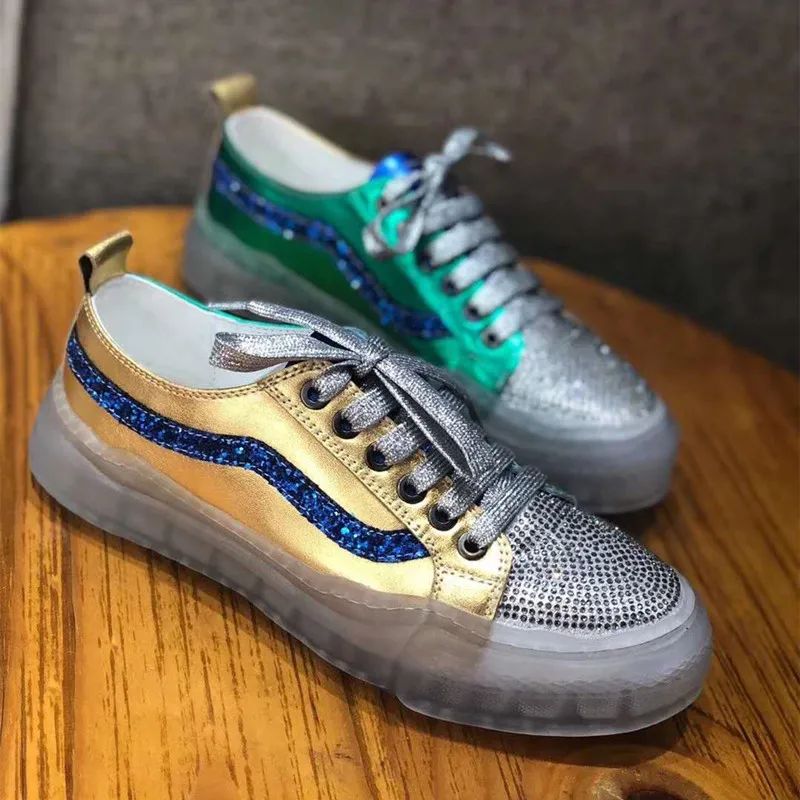 Fast Delivert New Women Sneakers Genuine Leather Fashion Comfortable Round Toe Flats Platform Woman Rhinestones Casual Shoes