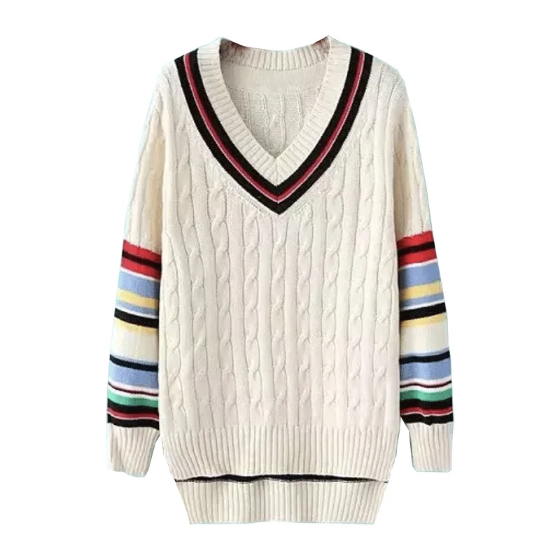 women pullovers striped sweater autumn V-neck collar office lady 2018 new sweater female loose knitted full sleeve women pullovers striped sweater autumn V-neck collar office lady 2018 new sweater female loose knitted full sleeve
