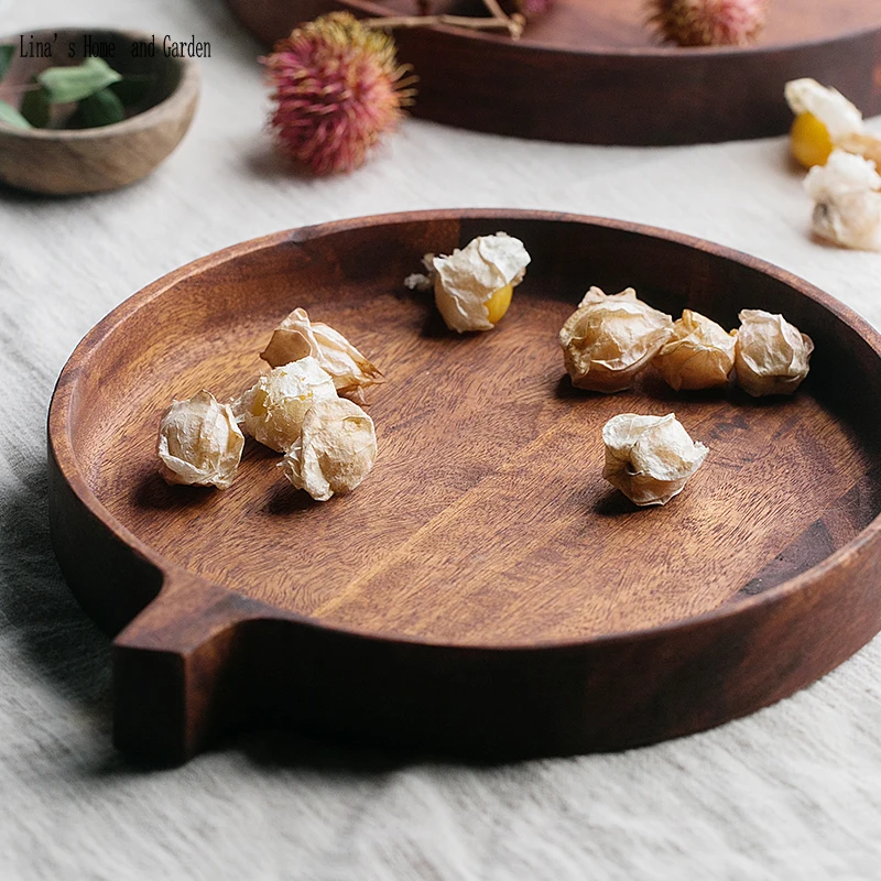 antique solid mango wood round tray with side handle