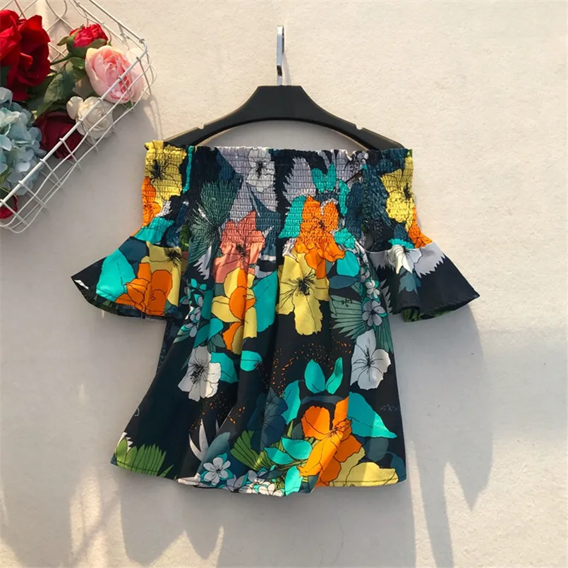 Модная блуза с открытыми плечами,, Boho, цветочный принт, Blusas Femininas, этническая женская сексуальная летняя рубашка с расклешенными рукавами, повседневный пляжный топ