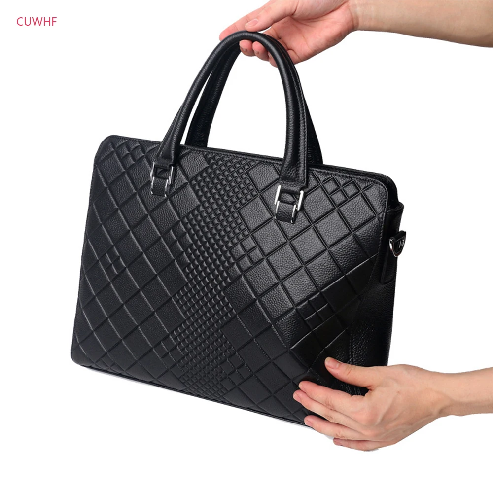 

CUWHF New embossed plaid Large Size Leather Briefcases Men Casual Business Man Bag black Brown Office Briefcase Bags Laptop Bag