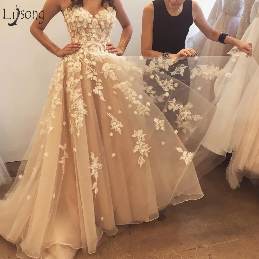 

Pretty 3D Flower Champagne Evening Dresses 2019 Lace Tulle Evening Gowns A-line Elegant Prom Gowns Lace Up Robe De Soiree