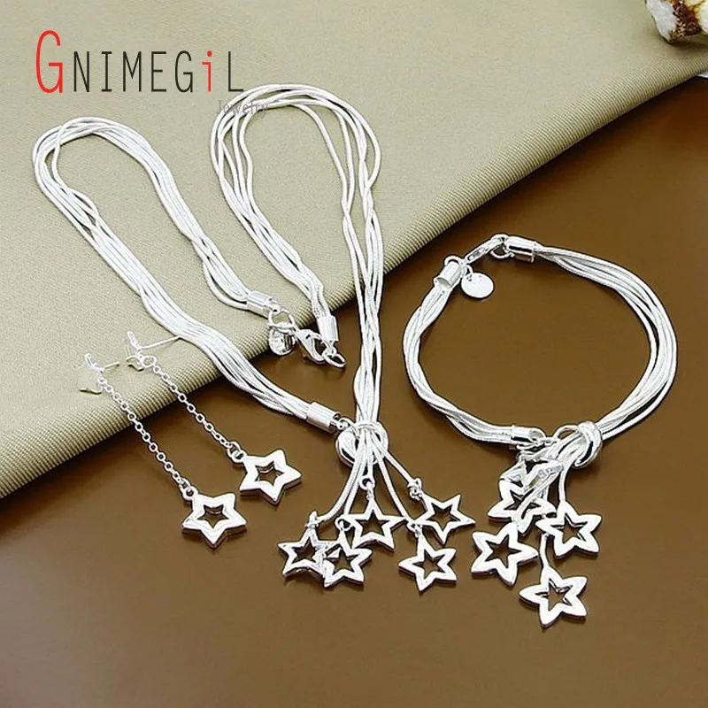 GNIMEGIL 925 Stamped Silver Color Jewelry Set Hollow Lucky Star Pendant Necklace+Bracelet+Earrings Sets for Women Party Wedding GNIMEGIL 925 Stamped Silver Color Jewelry Set Hollow Lucky Star Pendant Necklace+Bracelet+Earrings Sets for Women Party Wedding