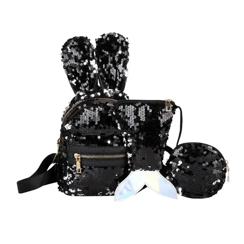Школьный рюкзак с блестящими пайетками, женский рюкзак с заячьими ушками, рюкзак для девочек с мультипликационным принтом, кошелек на молнии, сумка на плечо с маленьким клатчем