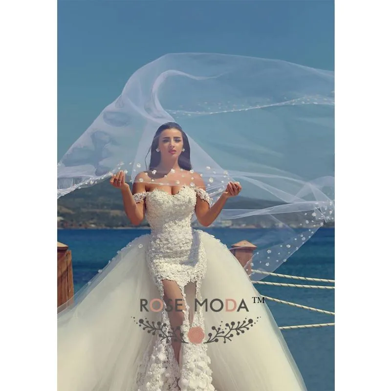 Роза Мода 3D цветы кружева пляж свадебное платье со съемным шлейфом