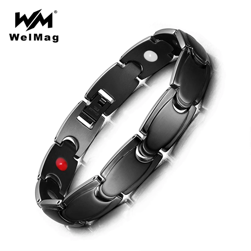 

WelMag Charm Black Stainless Steel Magnetic Bracelets & Bangles for Men Hologram Therapy Wristband Germanium FIR Health Bracelet