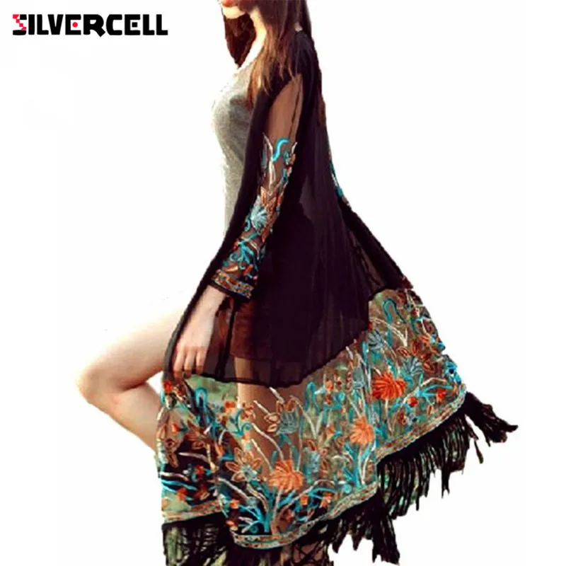 

SILVERCELL Summer Autunm Vintage Boho Floral Tassel Beach Bikini Cover Up Tops Female Chiffon Blouse Shirts Women Long Cardigan