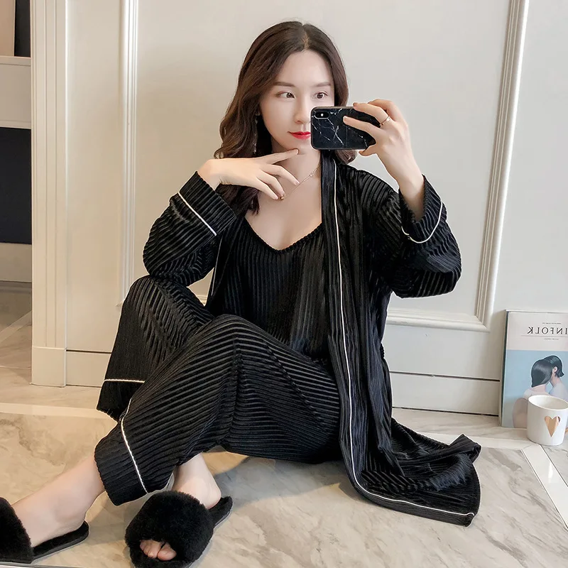 

Black Womens Velour 3pcs Strap Top Pants Suit Robe Sleepwear Sets Spring Home Wear Pajamas Sexy Nightwear Sleep Kimono Bath Gown