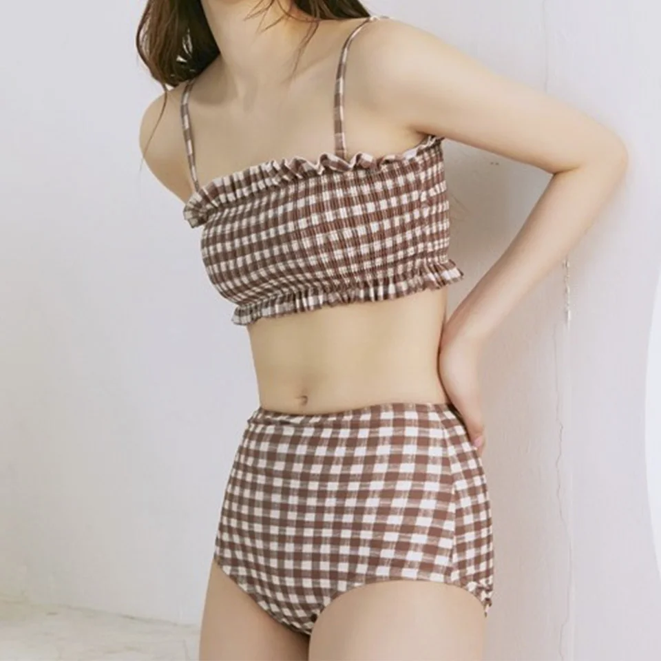 

2019 Women's Two Pieces Smocked SwimSuit Plaid Off-shoulder Top&high Waist Bottom Push Up Swimwear Beachwear Bathing Suit