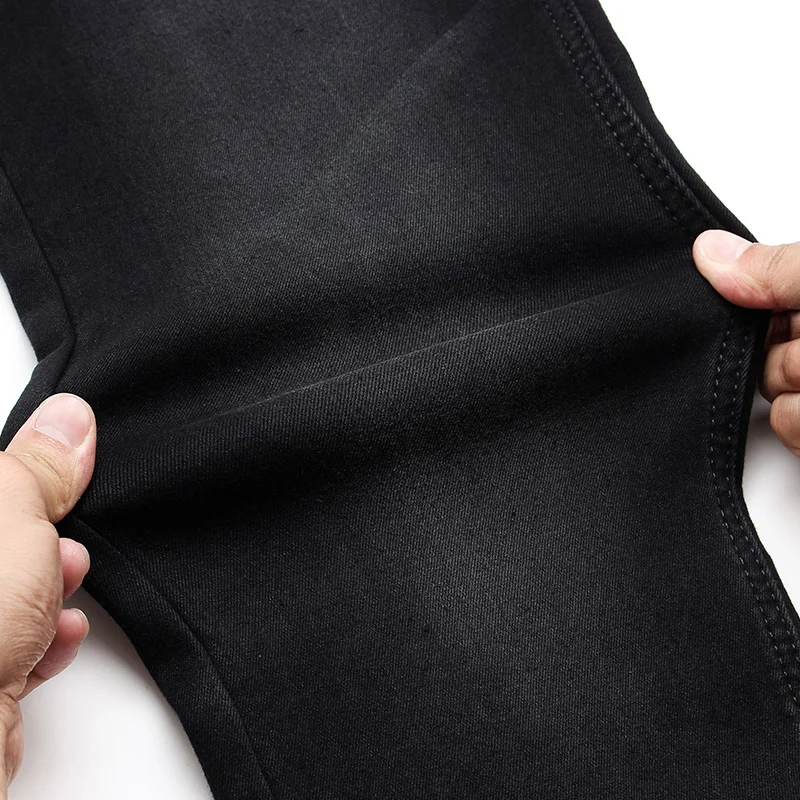 Модные зимние мужские джинсы черного цвета, Винтажные эластичные прямые флисовые джинсы для мужчин, хлопковые плотные теплые джинсы для мужчин