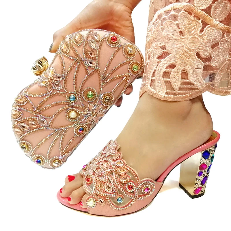 

African Shoes And Bag Matching Set With silver Hot Selling Women Italian Shoes And Bag Set For Party Wedding Peach color