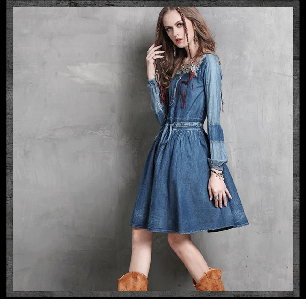 Vintage Cotton Women Dress Women's Cowgirl Embroidery Dress Long Puff Sleeve Dresses Drawstring Waist Cotton Vestidos Femininos (10)