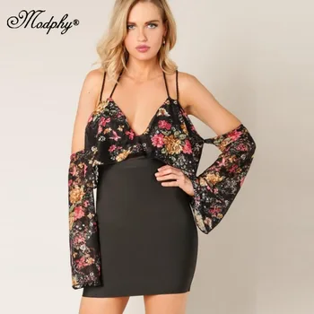 

2018 Sexy floral print dresses halter bandage dress mini off shoulder long sleeve women's summer dress party drop shipping D075