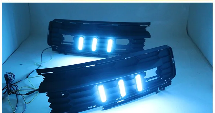 

eOsuns led drl daytime running light for Skoda kodiak 2017-2018 with yellow turn signals and blue night running light