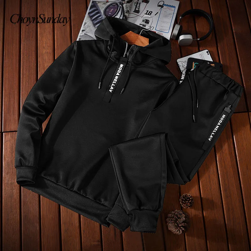 ChoynSunday, Хит, весна-осень, мужской спортивный костюм из двух частей, комплекты, пуловер, худи, штаны, спортивная одежда, костюм, мужские толстовки, размера плюс M-5XL - Цвет: Черный