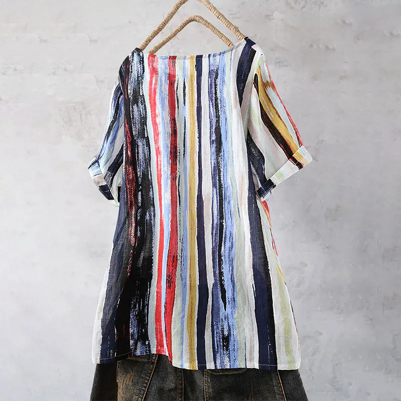 Plus Size Large Cotton India Folk Pockets Women Tunic 2019 Summer Half Sleeve O Neck Loose Paint Striped Rainbow Female Blouses