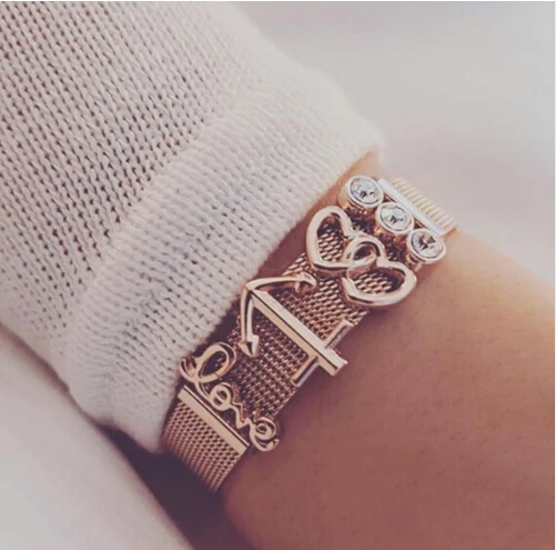 

Vinnie Design Jewelry Stainless Steel Mesh Keeper Bracelet with Rose Gold DIY Slide Charms Bracelets Sets